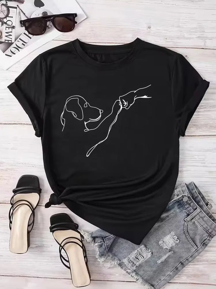 Dog and People Punch Hand Graphic Printed Women T-shirts Short Sleeve Crew Neck Casual Top for Summer Women's Clothes