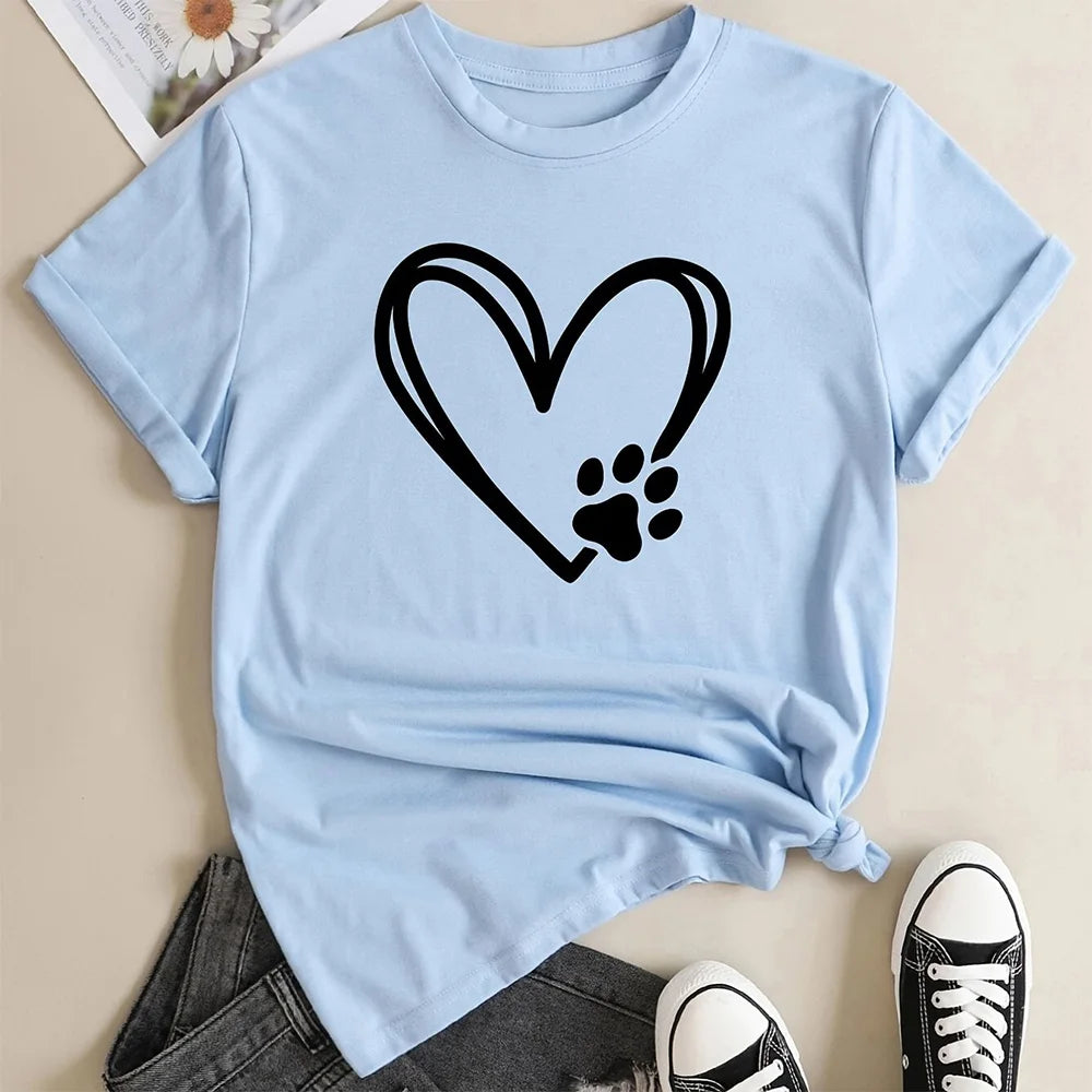 2024 Summer Women's T-shirt Plus Size Heart and Dog Footprint Printed Top Soft and Elastic Casual Shirt Street Fashion Clothing
