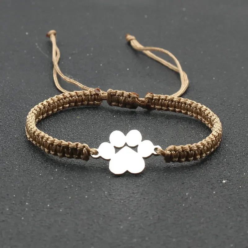Stainless Steel Dog Paw Charm Bracelet Handmade Braided Adjustable Rope Bracelets for Women Men Cuff Jewelry Couple Gift