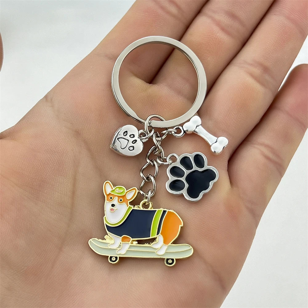 Cute Driving Puppy Keychain Cartoon Corgi Dog Claw Skateboard Pendant Keyring Creative Backpack Car Key Accessories Couple Gift