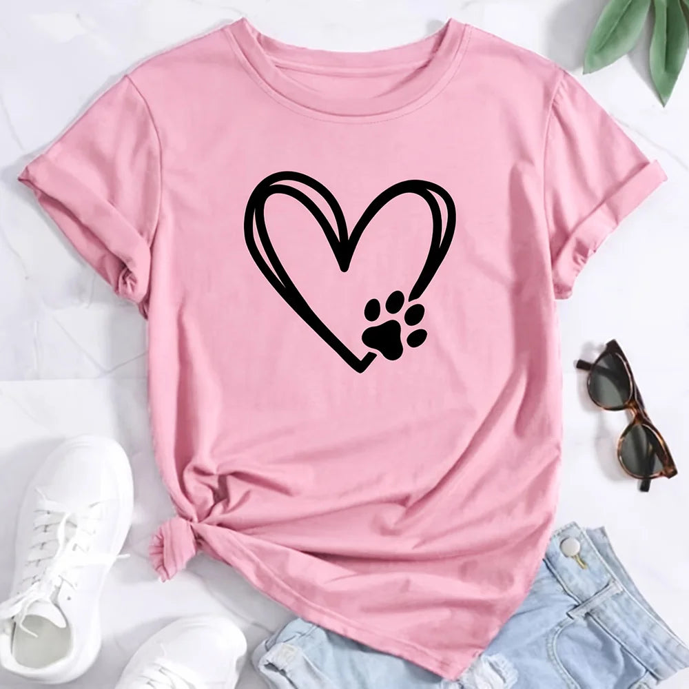 2024 Summer Women's T-shirt Plus Size Heart and Dog Footprint Printed Top Soft and Elastic Casual Shirt Street Fashion Clothing