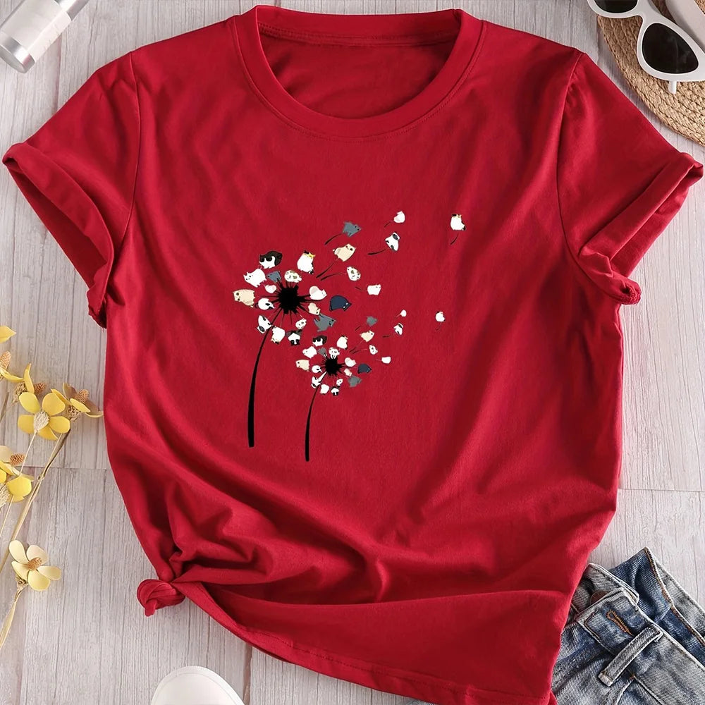 2024 Summer Women's T-shirt Plus Size Heart and Dog Footprint Printed Top Soft and Elastic Casual Shirt Street Fashion Clothing