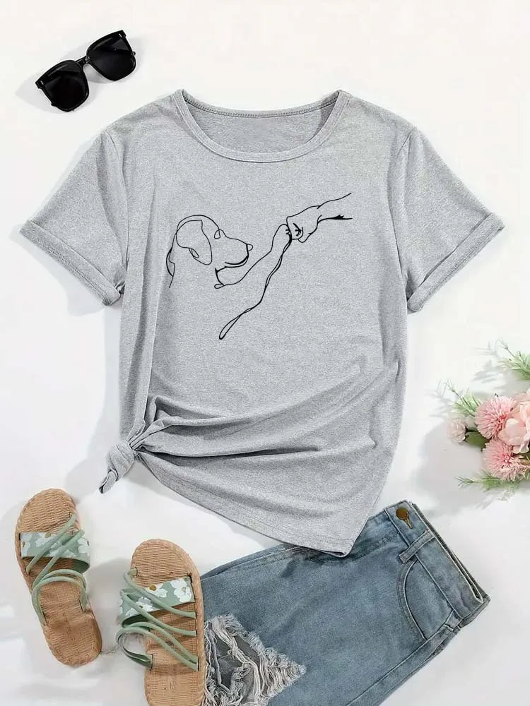 Dog and People Punch Hand Graphic Printed Women T-shirts Short Sleeve Crew Neck Casual Top for Summer Women's Clothes