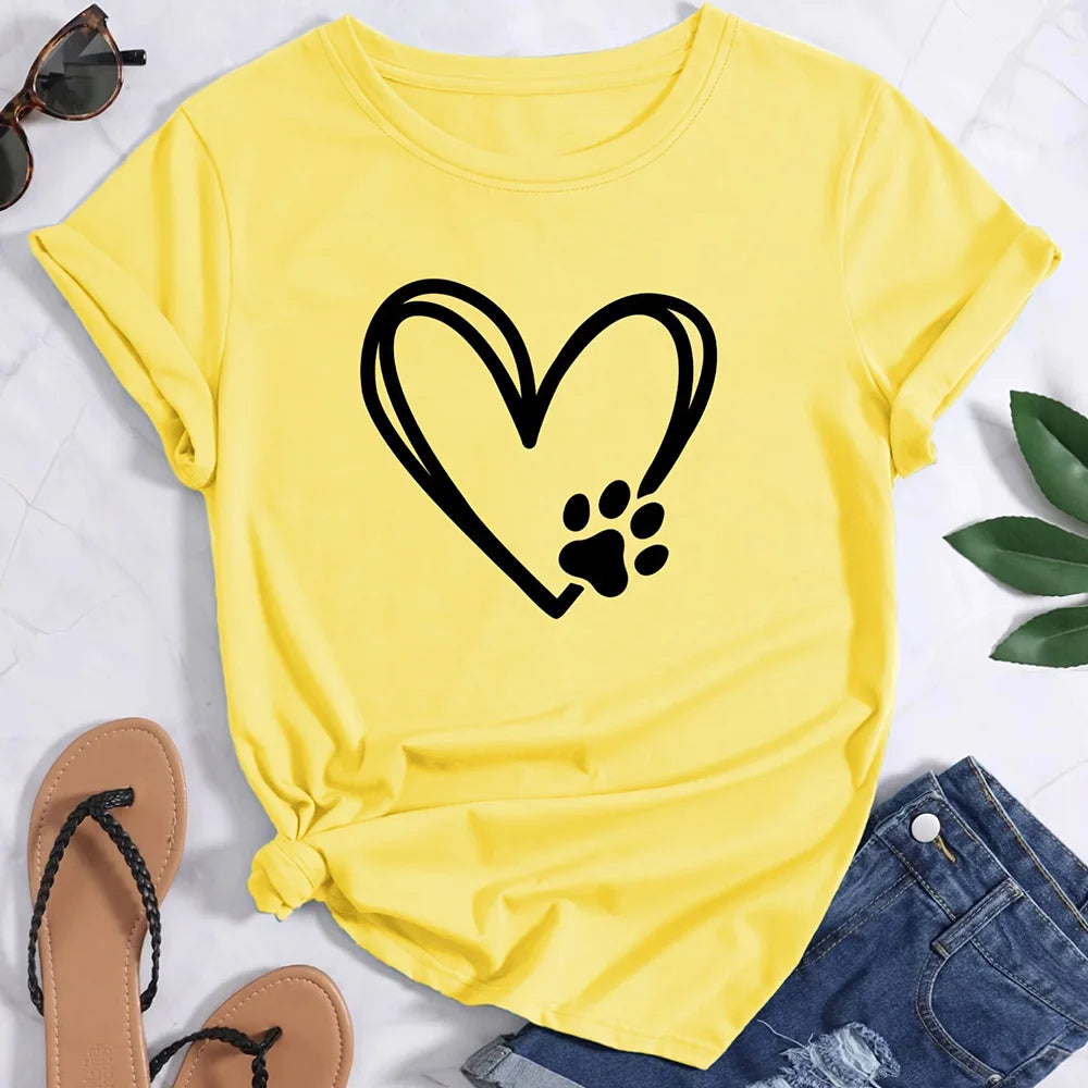 2024 Summer Women's T-shirt Plus Size Heart and Dog Footprint Printed Top Soft and Elastic Casual Shirt Street Fashion Clothing
