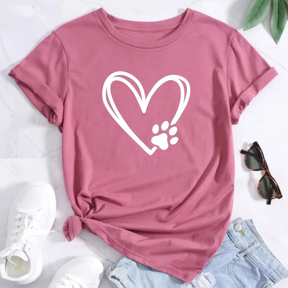 2024 Summer Women's T-shirt Plus Size Heart and Dog Footprint Printed Top Soft and Elastic Casual Shirt Street Fashion Clothing