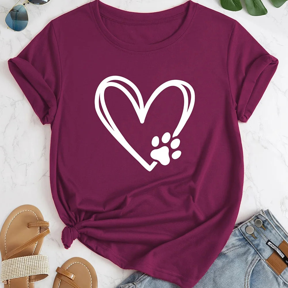 2024 Summer Women's T-shirt Plus Size Heart and Dog Footprint Printed Top Soft and Elastic Casual Shirt Street Fashion Clothing