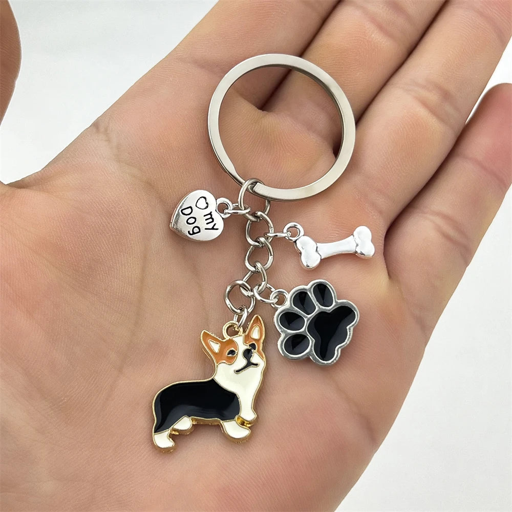 Cute Driving Puppy Keychain Cartoon Corgi Dog Claw Skateboard Pendant Keyring Creative Backpack Car Key Accessories Couple Gift