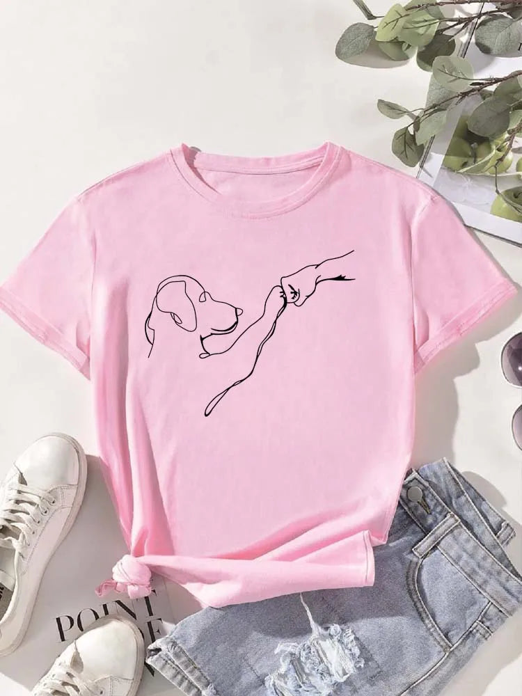 Dog and People Punch Hand Graphic Printed Women T-shirts Short Sleeve Crew Neck Casual Top for Summer Women's Clothes