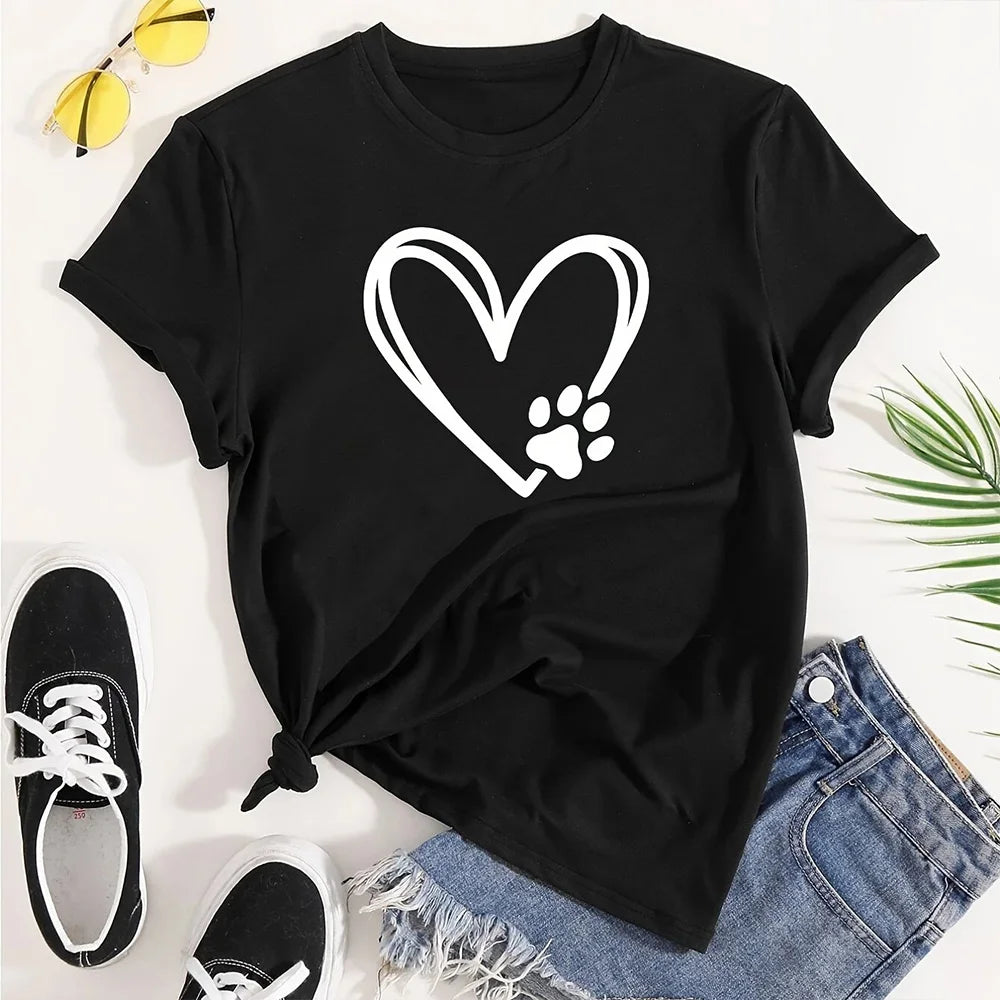 2024 Summer Women's T-shirt Plus Size Heart and Dog Footprint Printed Top Soft and Elastic Casual Shirt Street Fashion Clothing