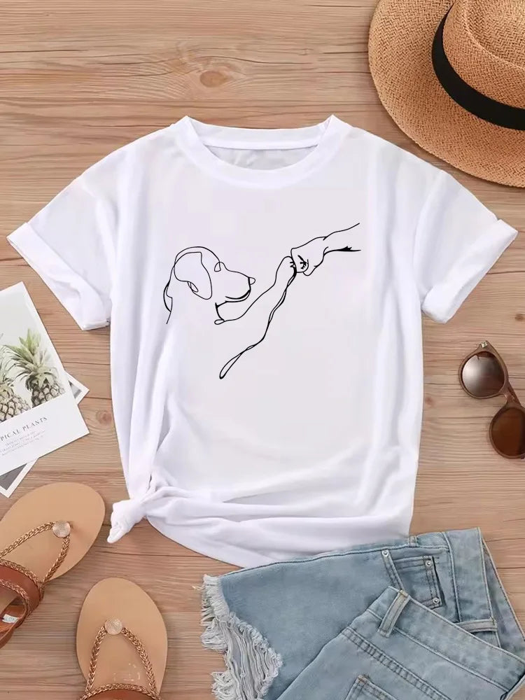 Dog and People Punch Hand Graphic Printed Women T-shirts Short Sleeve Crew Neck Casual Top for Summer Women's Clothes