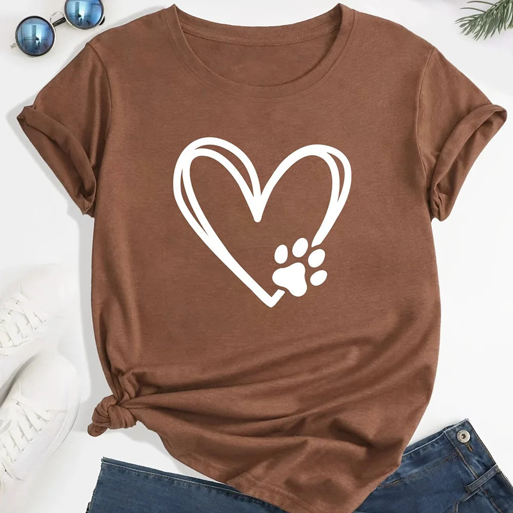 2024 Summer Women's T-shirt Plus Size Heart and Dog Footprint Printed Top Soft and Elastic Casual Shirt Street Fashion Clothing