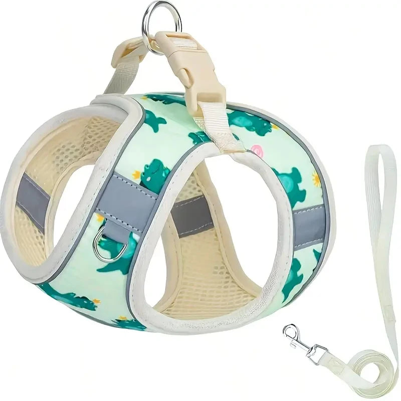 HLP554--Adjustable No-Pull Dog Harness with Padded Mesh & Reflective Trim - Cartoon Pattern, Step-In Design for Small Dogs.