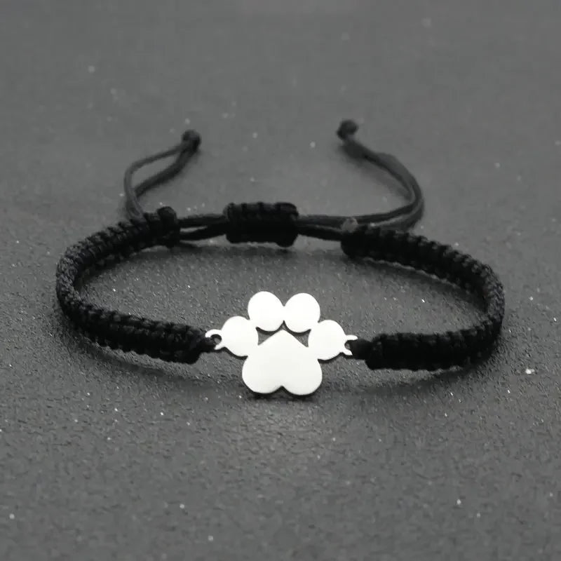 Stainless Steel Dog Paw Charm Bracelet Handmade Braided Adjustable Rope Bracelets for Women Men Cuff Jewelry Couple Gift