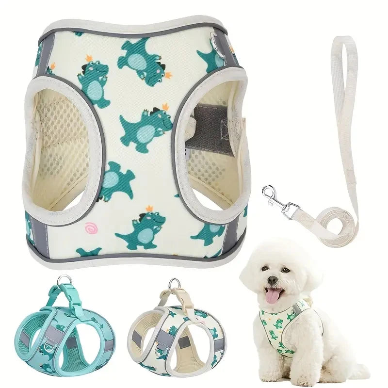 HLP554--Adjustable No-Pull Dog Harness with Padded Mesh & Reflective Trim - Cartoon Pattern, Step-In Design for Small Dogs.
