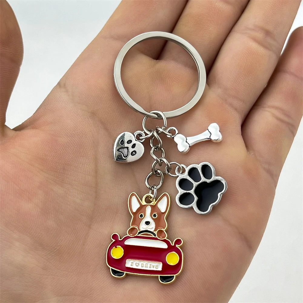 Cute Driving Puppy Keychain Cartoon Corgi Dog Claw Skateboard Pendant Keyring Creative Backpack Car Key Accessories Couple Gift
