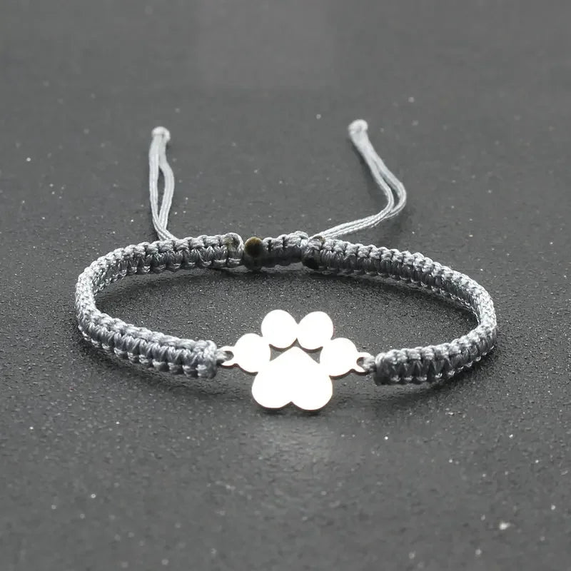 Stainless Steel Dog Paw Charm Bracelet Handmade Braided Adjustable Rope Bracelets for Women Men Cuff Jewelry Couple Gift